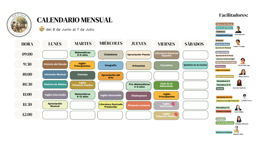 Calendario Clubes de apoyo para tu escuela en casa